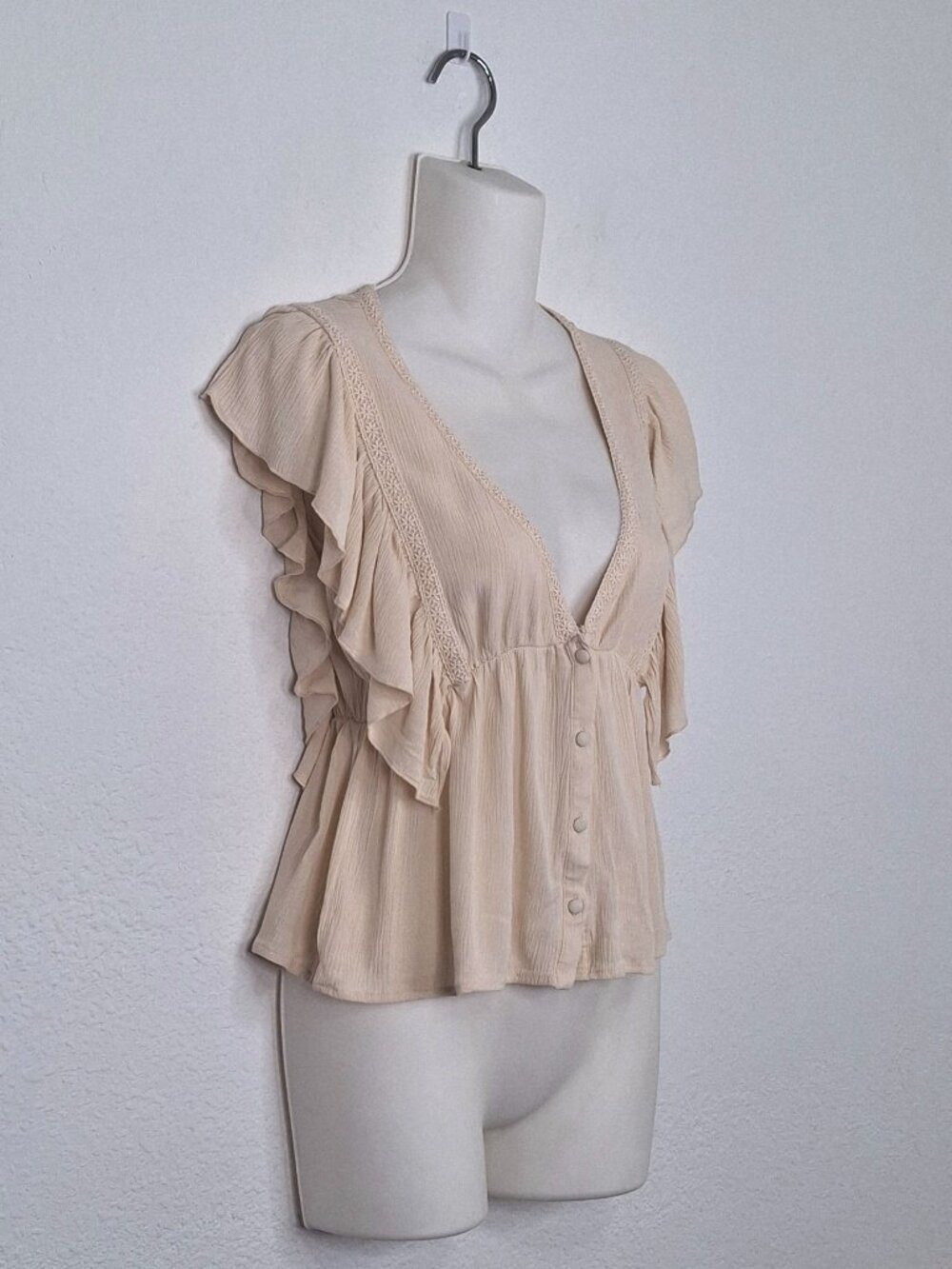 Peasant Babydoll Top Sz S Ruffle Boho Cottagecore Coquette Neutral Festival - Picture 3 of 13